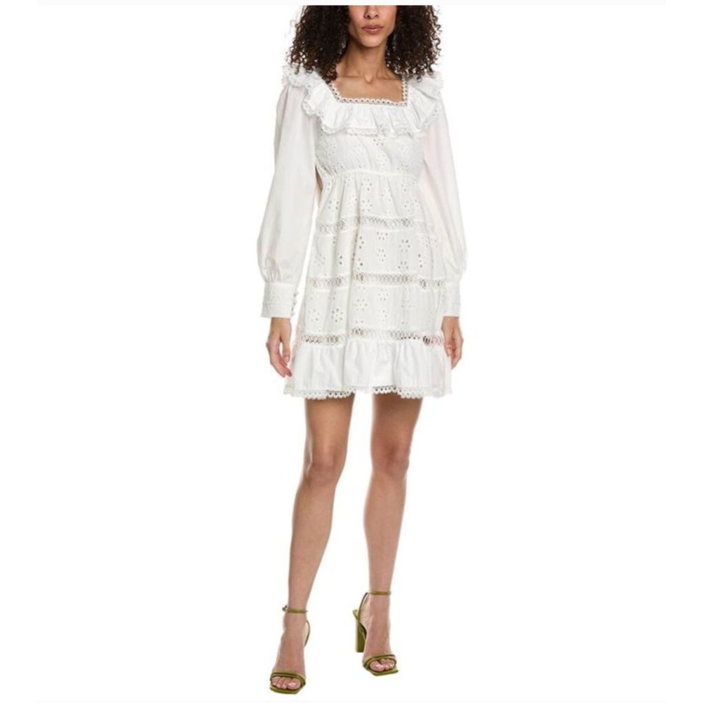 Beulah White Eyelet Ruffle Tiered Long Sleeve Dress NWT